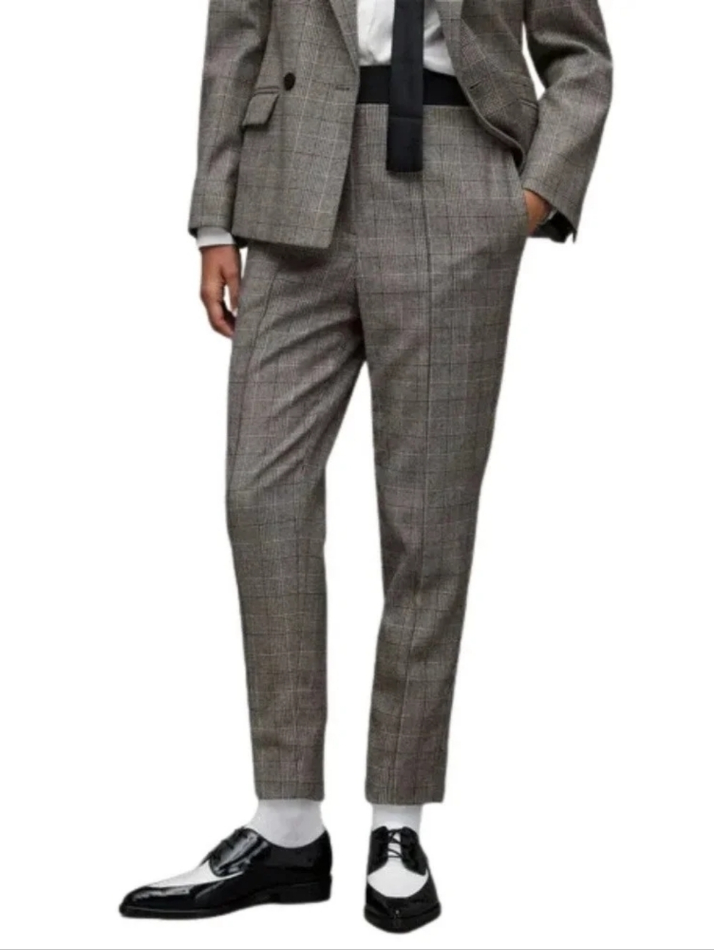 All Saints Bea Wool Blend Check Plaid Slim Leg Trouser Pants Grey Size US 0